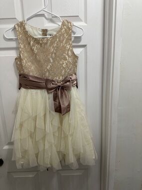 Rare Editions Ivory Lace & Champagne Satin Bow Tulle Dress